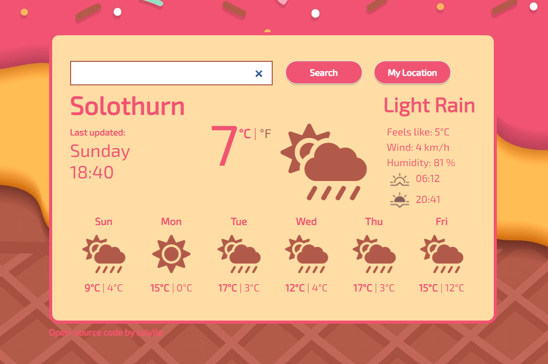 Start page of the Vanilla Weather App
